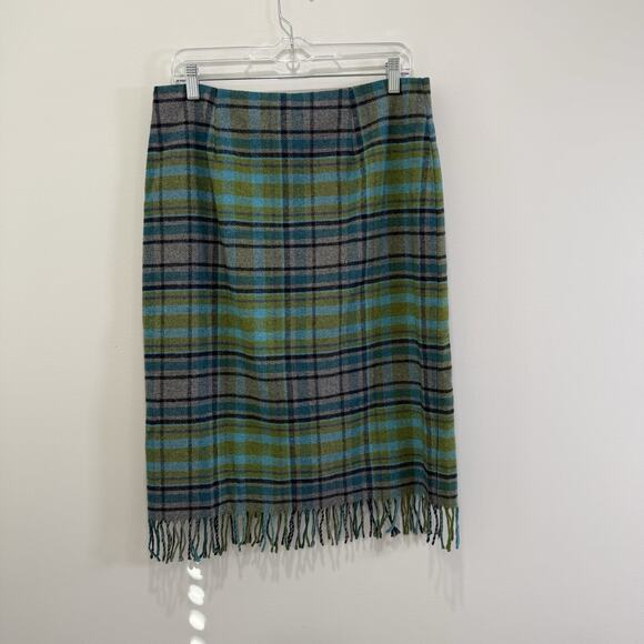 J Jill Faux Wrap Plaid Fringe Blanket Skirt Sz 10 Wool Blend Scottish Highlands - Picture 11 of 11
